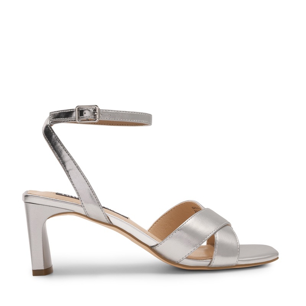 Criss Cross Ankle Strap Square Heel Sandals  - SILVER PU - 2